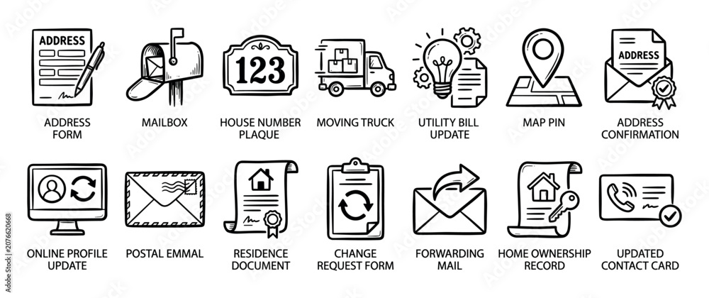 Fototapeta premium Change of address icon set in a hand-drawn sketch style featuring a moving truck, mailbox, forms, and documents for updating personal information and residence