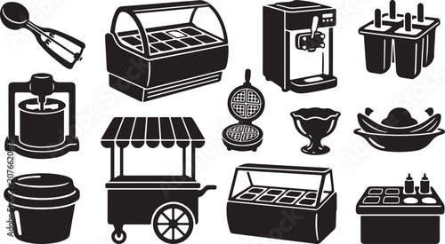 Tableau sur toile Set of black and white featuring ice cream shop equipment, including a gelato di