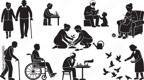 Quadro em tela Set of black silhouette depicting elderly people engaged in various daily activi