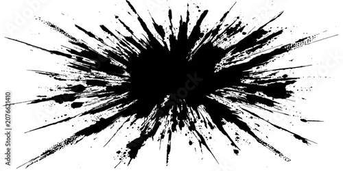 Photos A black ink splash explodes outward, creating a chaotic and energetic abstract pattern