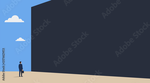 Clean flat vector illustration on a light background of a lone businessman facing a massive dark wall, ideal for challenge, risk, and obstacle concept visuals.
