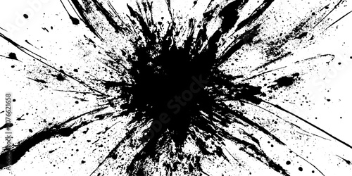 Fotografie A powerful black ink splash explodes outwards from a central point, creating a dynamic and abstract visual with numerous small droplets and sharp, energetic lines