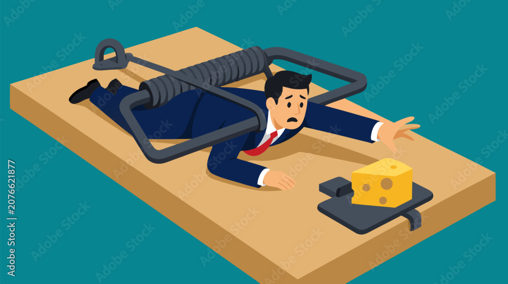 Fototapeta premium A suited office worker is caught under a giant mousetrap while reaching for cheese, a clean flat vector illustration on a light teal background for business risk campaigns.