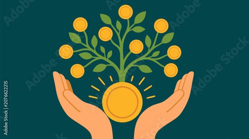 Clean flat vector illustration of open hands holding a growing money tree with gold coins, ideal for savings, investment, finance, and wealth planning promotions.