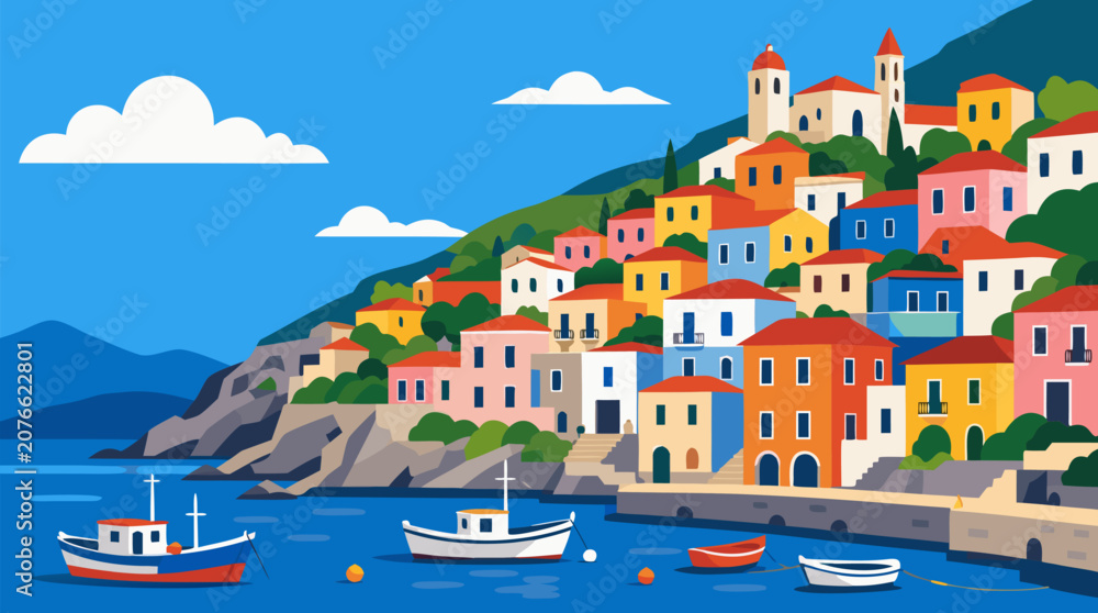 Obraz premium A clean flat vector illustration on a light background shows a colorful Mediterranean harbor village with boats, hillside houses, and church towers for tourism campaigns.
