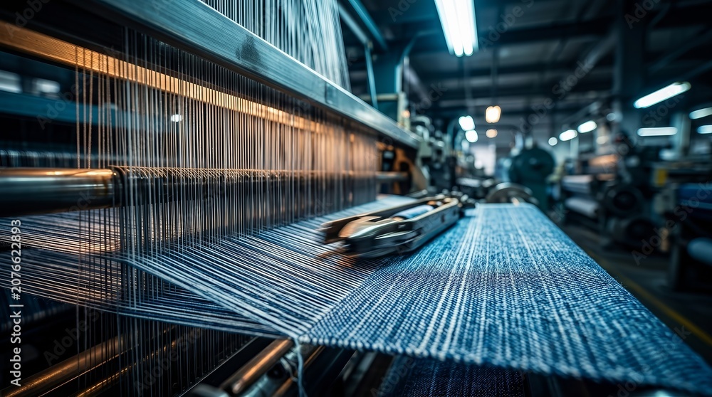 Naklejka premium Automatic textile weaving machinery operating in a manufacturing plant.