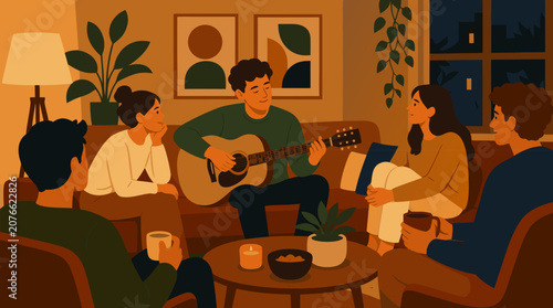 Clean flat vector illustration on a light warm background shows friends in a cozy living room listening to acoustic guitar, ideal for social gathering or community event promotion.