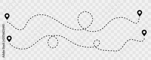 Travel Route Design with Curved Navigation Line, Road Navigation Path with Dashed Travel Route