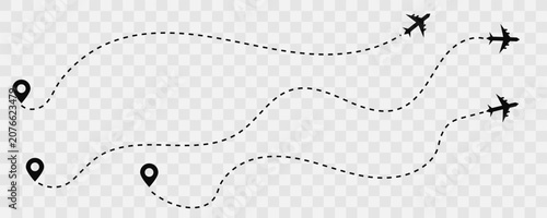 Curved Flight Path with Airplane Icons and Destination Pins Vector Illustration Collection