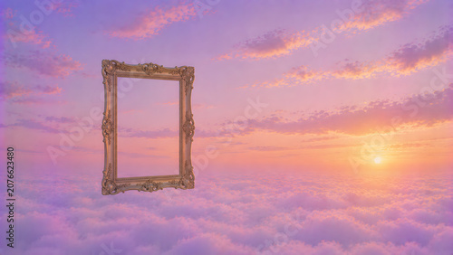Floating Ornate Vintage Picture Frame Above Clouds at Dreamy Sunset Sky Surreal Dreamcore Concept