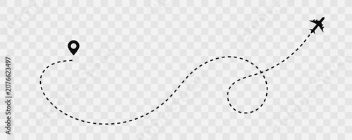 Dotted Airplane Flight Route with Location Pins for Travel Navigation Vector Design