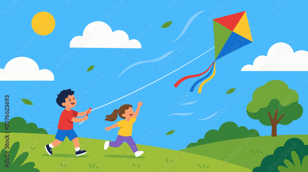 Naklejka premium Clean flat vector illustration on a light background showing two children running across a green park while flying a colorful kite, useful for play, summer, or leisure campaigns.