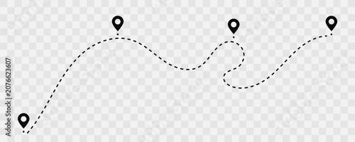 GPS Navigation Route with Map Pins on Transparent Background, Winding Travel Path with Location Pin Symbols Vector
