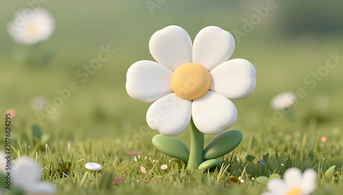 Clay Flower in a Field: A charming claymation daisy with soft white petals and a yellow center stands in a vibrant green field, surrounded by other tiny flowers and blades of grass.