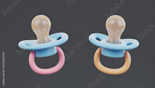 Two Pacifiers: A pair of baby pacifiers, one blue and pink, the other blue and yellow, symbolizing infancy and early childhood development.