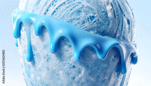 Melting Blue Ice Cream Delight: A close-up macro shot reveals a scoop of icy blue ice cream, with vibrant blue syrup dramatically dripping down its sides.