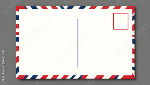 Airmail Postcard Mockup: A clean and crisp illustration of an airmail postcard with the classic red, white, and blue striped border and a designated stamp box, ready for your message.