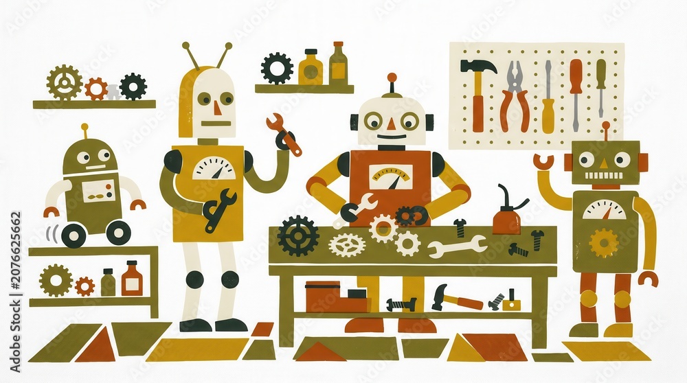 Fototapeta premium Colorful robots build & repair at a bright workshop workbench