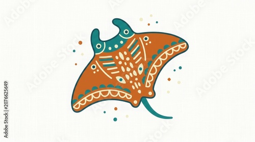 Manta ray with intricate orange/teal folk art patterns on simple white