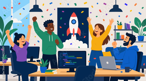 Clean flat vector illustration on a light office background shows a diverse startup team celebrating a rocket launch poster, ideal for teamwork and product launch marketing.