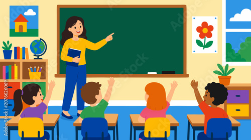 A playful flat vector illustration of a female teacher pointing at a chalkboard while attentive children raise their hands in a bright classroom, ideal for educational and school-themed projects