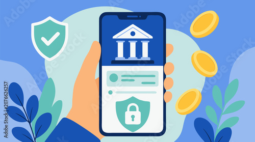 A secure online banking experience on a smartphone with a glowing lock icon and floating coins in a trustworthy blue and mint palette flat vector illustration, ideal for fintech apps, digital banking 