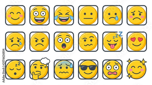 Collection of cute yellow emoji faces with different emotions vector pack. Set of modern flat emoticon icons showing happiness, sadness, anger, fear, and sleepiness.