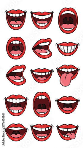 Cartoon mouth expressions set with red lips and white teeth vector illustration. Open, smiling, laughing, and sticking out tongue emotions collection isolated on white background.