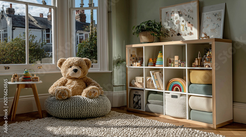 Cozy kids room with shelving unit with toys