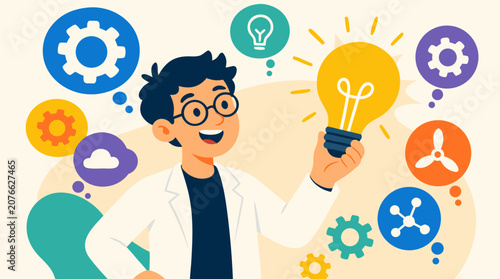 A cheerful inventor holding a brilliant glowing lightbulb surrounded by floating gears and idea bubbles in a lively flat vector illustration, great for creativity, innovation, and startup commercial c