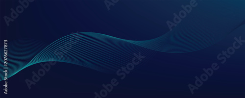 Abstract dark blue tech background with flowing digital wavy lines. Minimalist cyan network blend curved paths for futuristic business data presentation and corporate web banner.