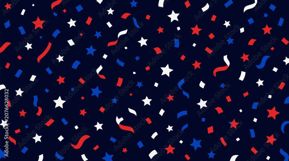 Fototapeta premium Sparkling confetti rain in red white and blue falling across a midnight backdrop in a clean flat vector illustration ideal for patriotic celebrations and festive event design