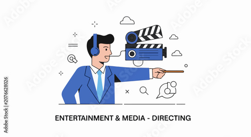 A man with headphones directs a film set with a clapboard and camera surrounded by graphic elements