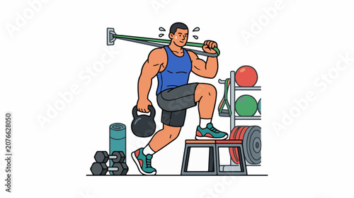 A man in a blue tank top works out with a kettlebell and barbell
