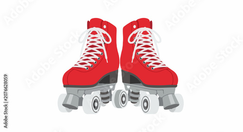 A pair of red roller skates with white laces on a white background viewed from the front