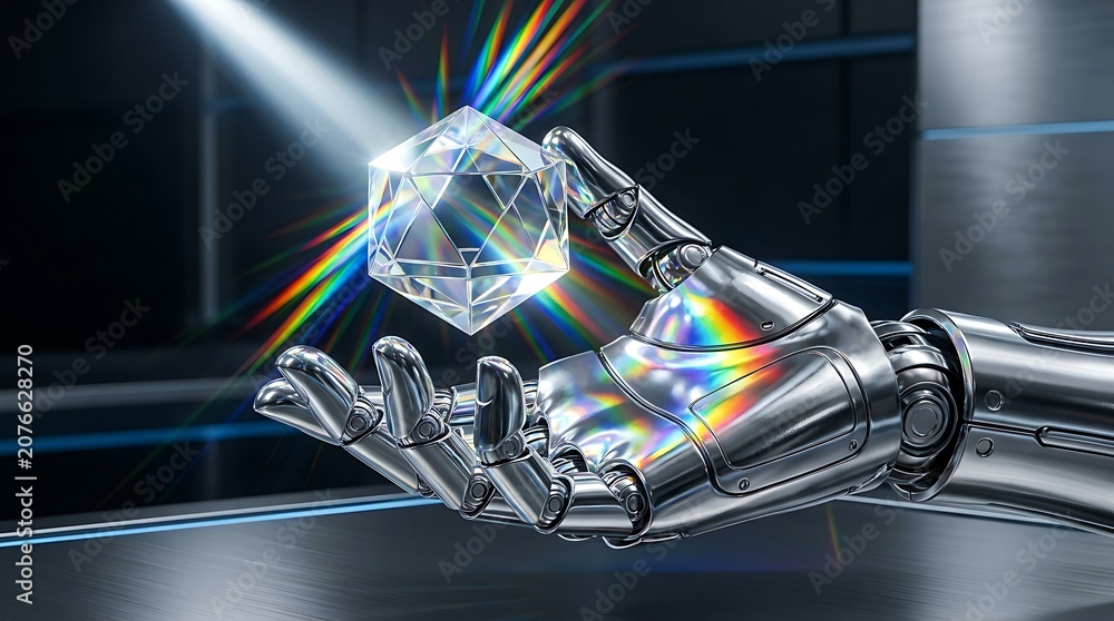 Naklejka premium Robot hand holding a shining diamond with rainbow light effects in a futuristic setting