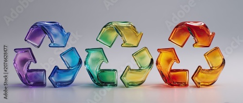 Three colorful glass recycling symbols arranged in a row on a neutral background.