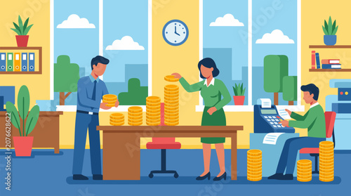 A clean flat vector illustration of accountants stacking gold coins into neat ascending columns inside a bright office setting, great for financial services firms and accounting software promotional c