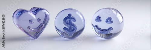 Three translucent purple glass marbles with etched symbols - a heart, a dollar sign, and a smiley face, arranged on a white surface.
