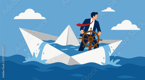 A businessman steers a sinking paper boat as water floods over the edges in this clean flat vector illustration on a light background, ideal for failure and financial crisis concepts