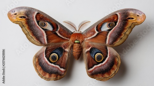 Atlas Moth with Intricate Wing Patterns Displayed on White Background.