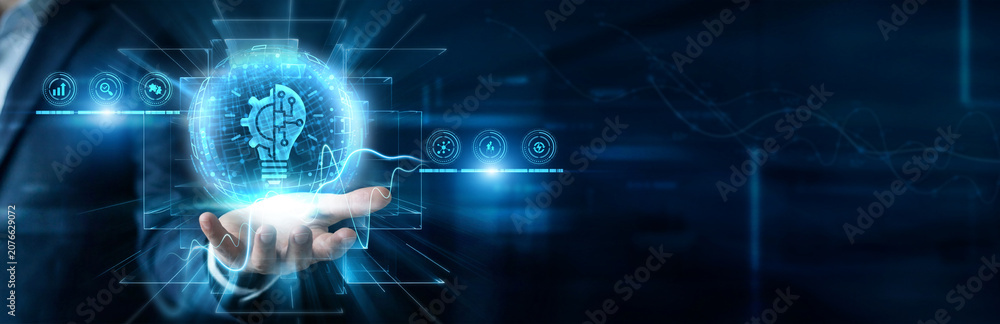 Fototapeta premium Tech Researcher Hand Hold Innovation Technology, and futuristic glowing interface, modern digital concept device, creative artificial intelligence solution