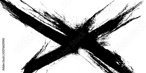 Obraz na plátně A bold black cross, rendered in a rough, brushstroke style, creates a stark and graphic mark on a white background, suggesting a sign of negation or a bold statement