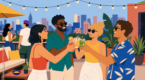 Friends toasting drinks at an outdoor summer rooftop gathering with city lights glowing in the evening background, a clean flat vector illustration ideal for social events, celebrations, and lifestyle