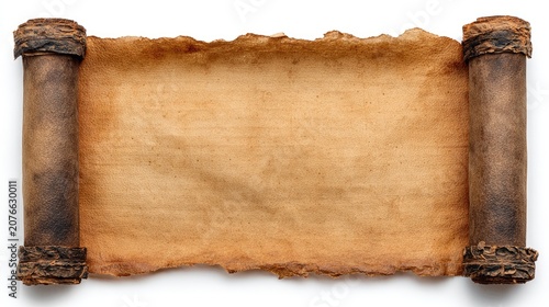 Ancient Scroll with Wooden Rollers and Torn Edges on White Background.