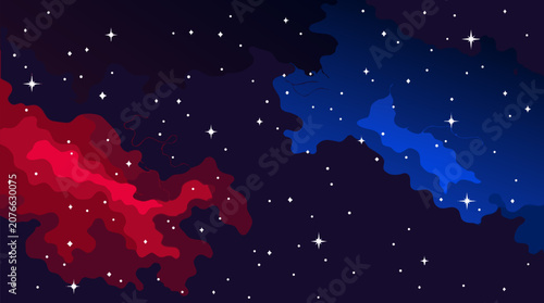 A shimmering cosmic starfield background with subtle red and blue nebula color washes, a stunning flat vector illustration perfect for space-themed branding and atmospheric background designs