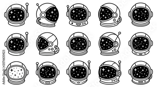 Konstfotografi Astronaut helmet icons with cosmic galaxy visor views.