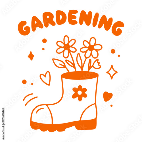 Minimalist orange illustration of a rain boot vase with flowers and the word gardening. doodle