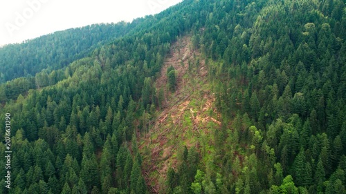 4K Aerial view of deforestation caused by a landslide in Himalaya mountains. Consequences of global warming on increased rainfall intensity which is  threatening natural landscapes in Asia.