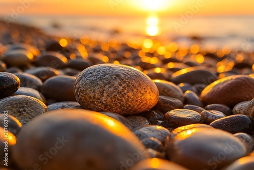 Smooth beach pebbles, sunset background, warm golden light, rocky shoreline